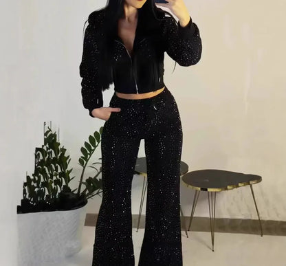 Apex Ritual – Hot Drilling Design Hoodie – High Waist Long Pants Fashion Casual Women's Tracksuit
