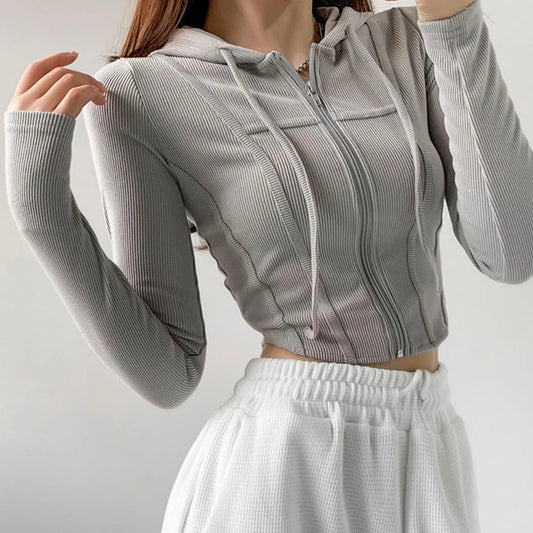 Apex Ritual – Thin Hooded Cardigan Women – Korean Vintage Slim Summer Striped Zipper Crop Top