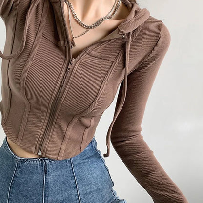 Apex Ritual – Thin Hooded Cardigan Women – Korean Vintage Slim Summer Striped Zipper Crop Top