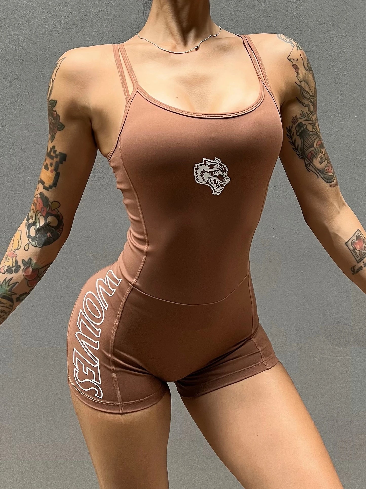 Apex Ritual – Women's Wolf Print Sports Onesie – Seamless Nylon High-Waist Training Bodysuit