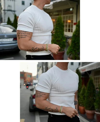 Apex Ritual – Men's Vertical Stripe Training T-Shirt – Elastic Short Sleeve Summer Fitness Tee
