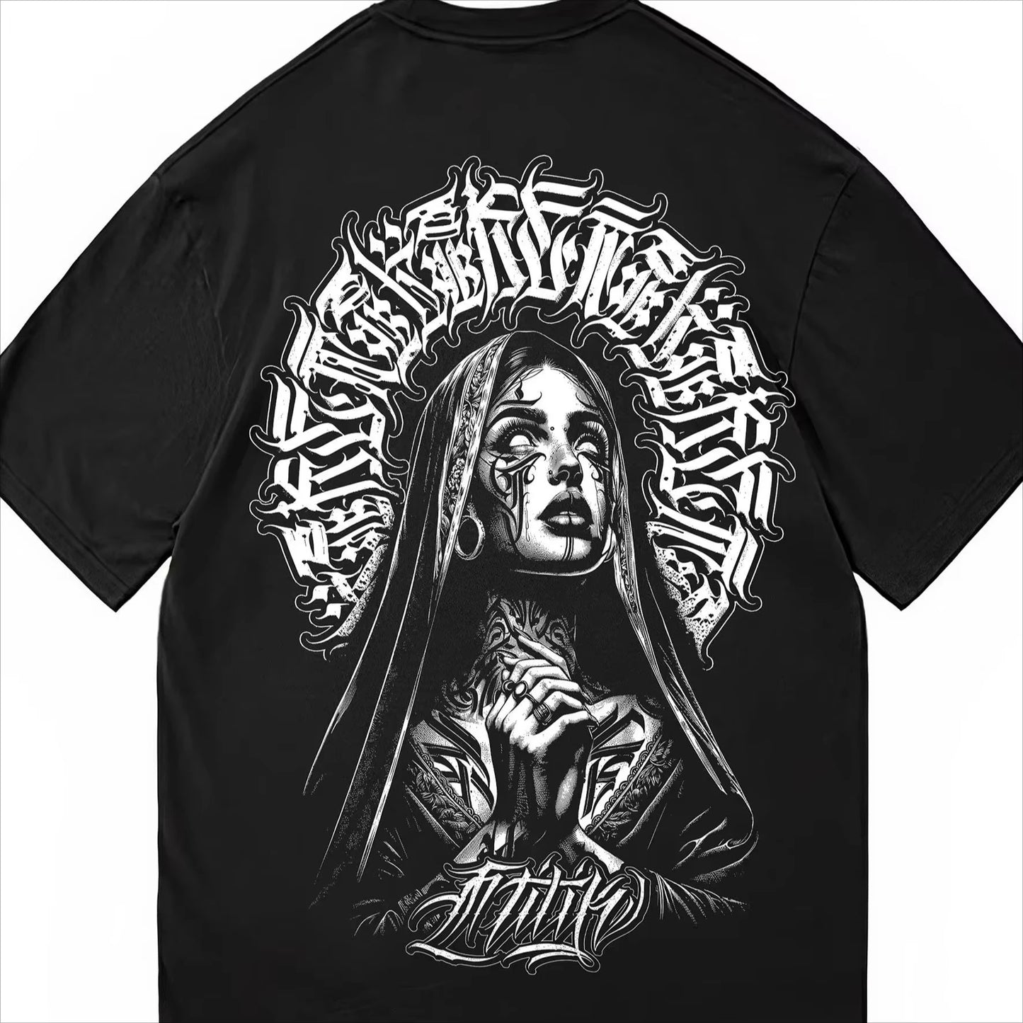 Apex Ritual – Men's Chicano Gothic Oversized T-Shirt – Dark Script Graphic Streetwear Tee