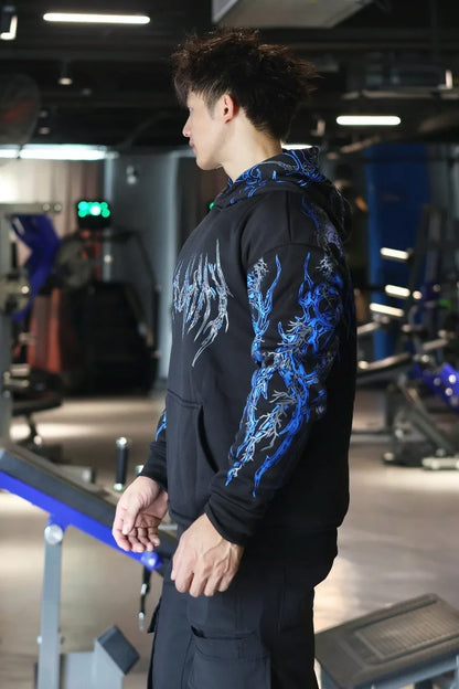 Apex Ritual – Men's Dark Floral Hooded Sweatshirt – Oversized American Streetwear Fitness Pullover