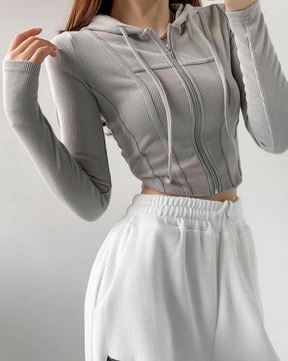 Apex Ritual – Thin Hooded Cardigan Women – Korean Vintage Slim Summer Striped Zipper Crop Top