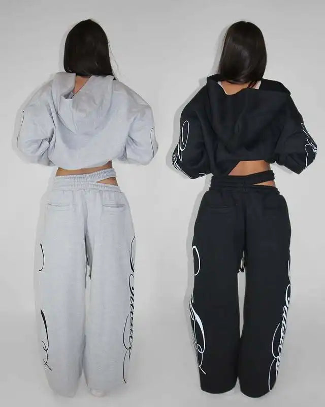 Apex Ritual – Grey 2 Piece Outfit – Script Print Oversized Hoodie & Wide Leg Pants Y2K Streetwear