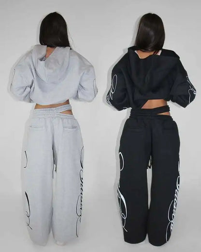 Apex Ritual – Grey 2 Piece Outfit – Script Print Oversized Hoodie & Wide Leg Pants Y2K Streetwear