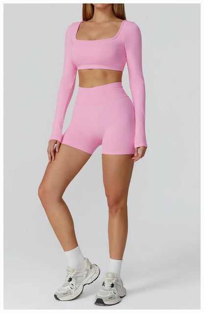 Apex Ritual – Seamless Quick-Dry Sportswear – Women's Square Neck Gym Crop Top & Long Sleeve