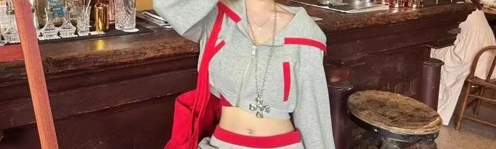 Apex Ritual – American Hot Girl Casual Sportswear Set – Color Collision Hoodie Jacket & Short Pants