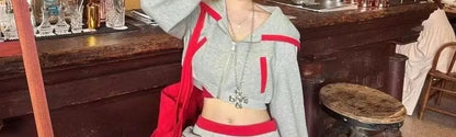 Apex Ritual – American Hot Girl Casual Sportswear Set – Color Collision Hoodie Jacket & Short Pants