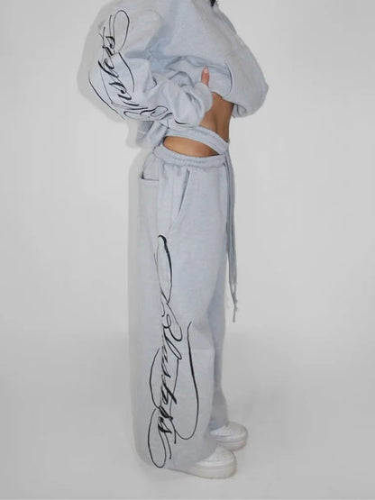 Apex Ritual – Grey 2 Piece Outfit – Script Print Oversized Hoodie & Wide Leg Pants Y2K Streetwear