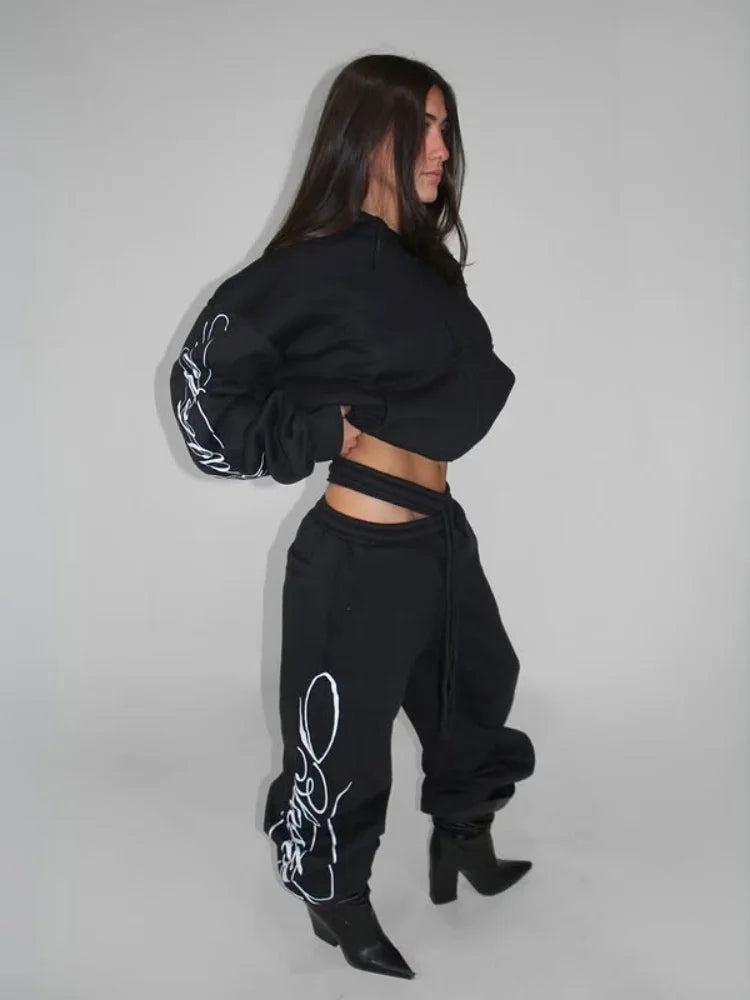 Apex Ritual – Grey 2 Piece Outfit – Script Print Oversized Hoodie & Wide Leg Pants Y2K Streetwear