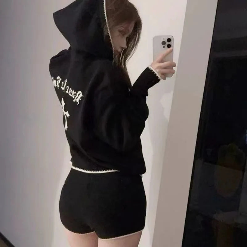 Apex Ritual – Retro American Knitted Long Sleeve Hoodie Sweater & Shorts Set – Cross Pattern