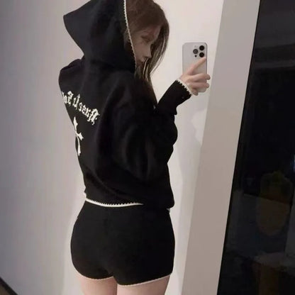 Apex Ritual – Retro American Knitted Long Sleeve Hoodie Sweater & Shorts Set – Cross Pattern