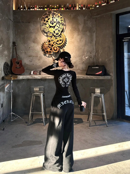 Apex Ritual – American Style Long Sleeve Round Neck Slim Casual Pants Set – Letter Print Ensemble