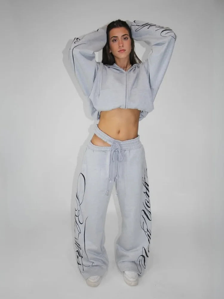 Apex Ritual – Grey 2 Piece Outfit – Script Print Oversized Hoodie & Wide Leg Pants Y2K Streetwear