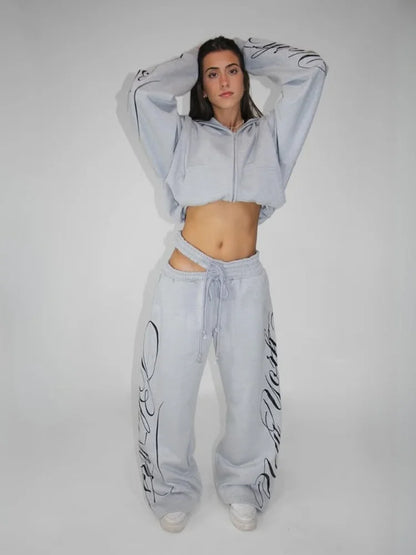 Apex Ritual – Grey 2 Piece Outfit – Script Print Oversized Hoodie & Wide Leg Pants Y2K Streetwear