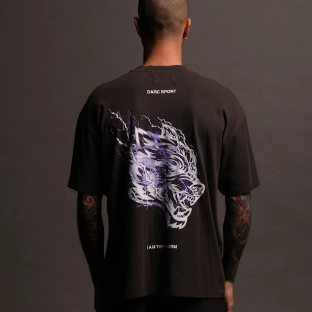 Apex Ritual – Lightning Wolf Head Print Cotton T-Shirt – Round Neck Short Sleeve Unisex