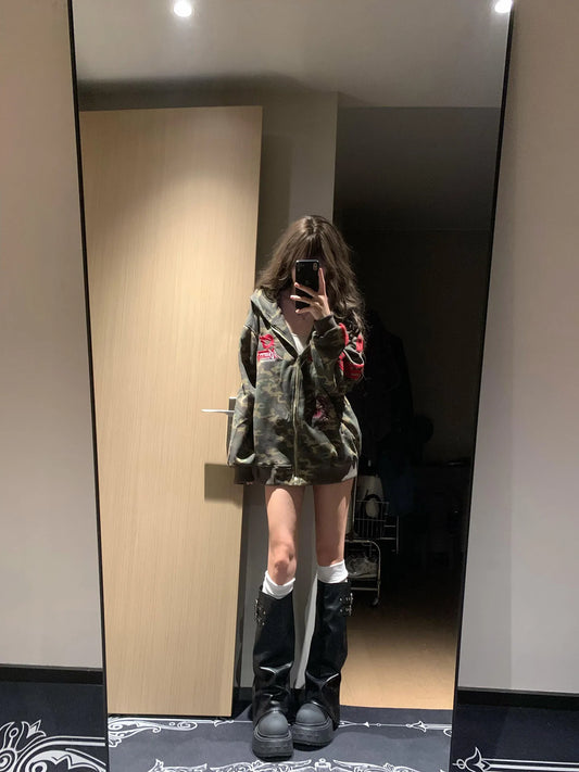 Apex Ritual – American Retro Camouflage Hoodie Jacket Women – Korean Style Oversize Cardigan
