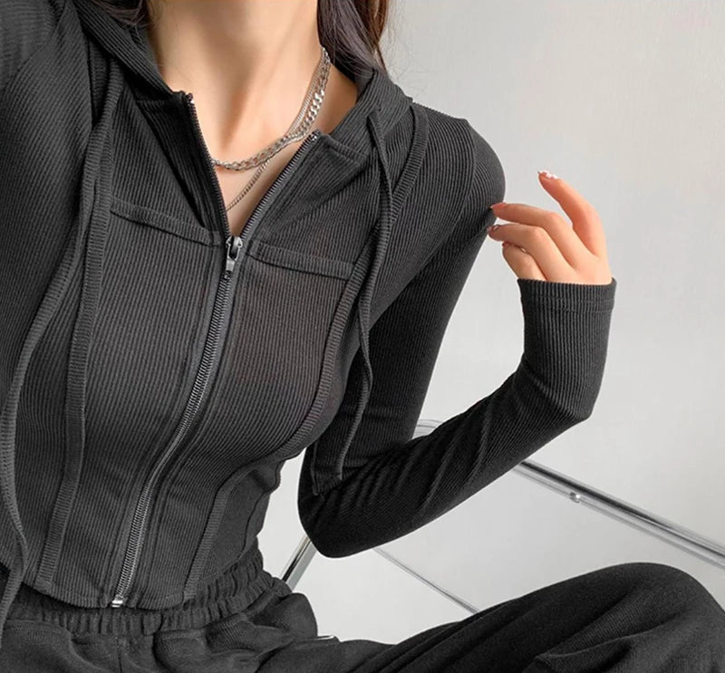 Apex Ritual – Thin Hooded Cardigan Women – Korean Vintage Slim Summer Striped Zipper Crop Top