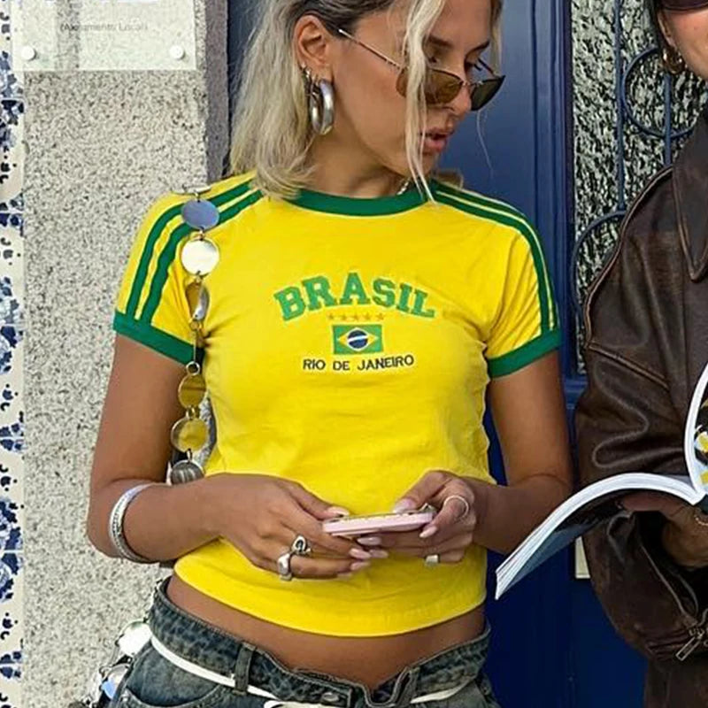 Apex Ritual – Women's Brazil Letter Crop Top – 90s Aesthetic Vintage Y2K Short Sleeve Streetwear Tee