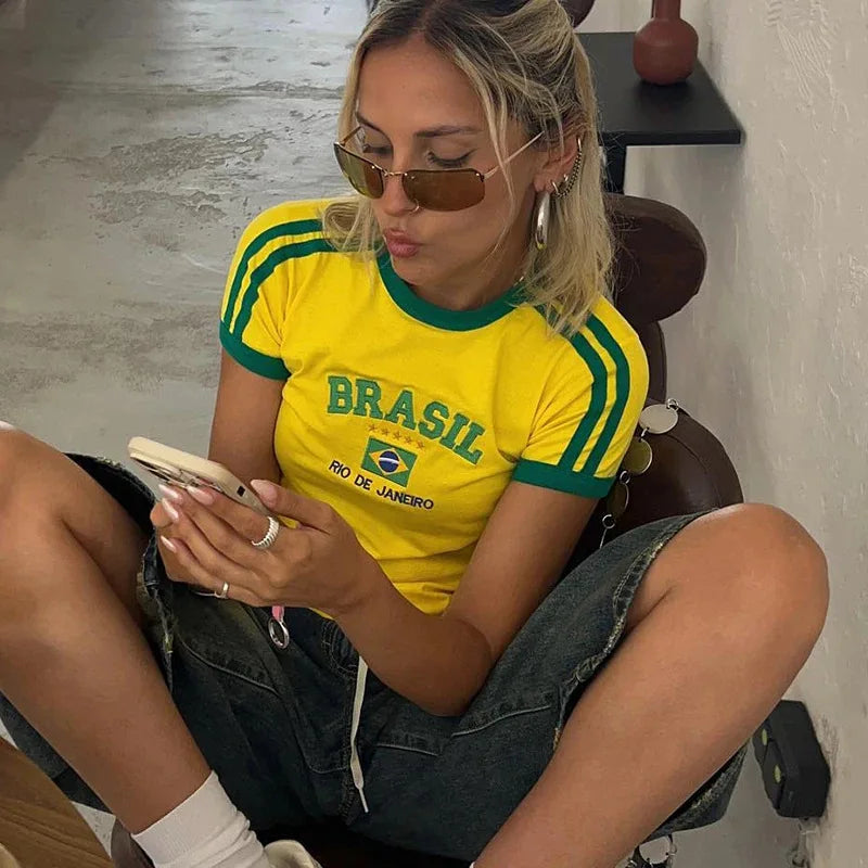 Apex Ritual – Women's Brasil Letter Crop Top & Shorts Set – Y2K Vintage Grunge Summer Suit