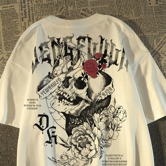 Apex Ritual – Women's Skull Print Cotton T-Shirt – Vintage Round Neck Short Sleeve Tee