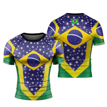 Apex Ritual – Brazil Flag BJJ Rash Guard – Short Sleeve Quick-Dry Compression Training Shirt