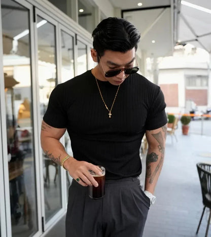 Apex Ritual – Men's Vertical Stripe Training T-Shirt – Elastic Short Sleeve Summer Fitness Tee