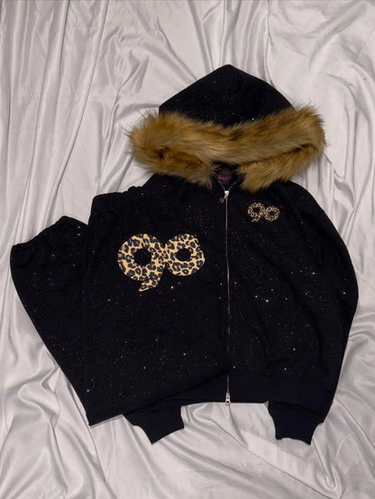 Apex Ritual – 90s Retro Fur Trim Hoodie & Pants Set – Y2K Aesthetic Leopard Print Rhinestone Joggers