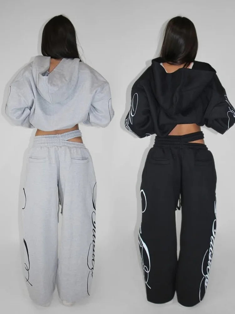 Apex Ritual – Grey 2 Piece Outfit – Script Print Oversized Hoodie & Wide Leg Pants Y2K Streetwear