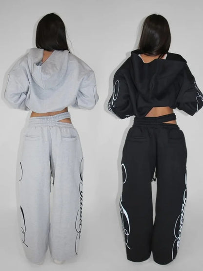 Apex Ritual – Grey 2 Piece Outfit – Script Print Oversized Hoodie & Wide Leg Pants Y2K Streetwear