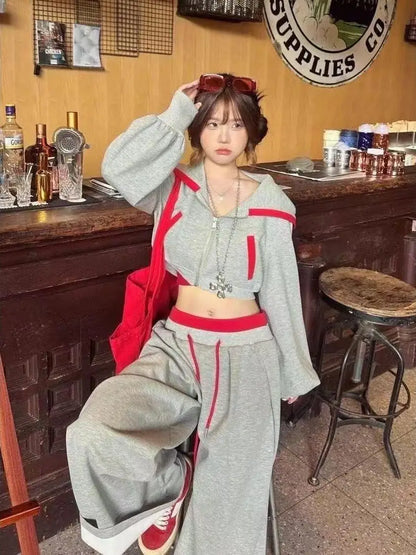 Apex Ritual – American Hot Girl Casual Sportswear Set – Color Collision Hoodie Jacket & Short Pants
