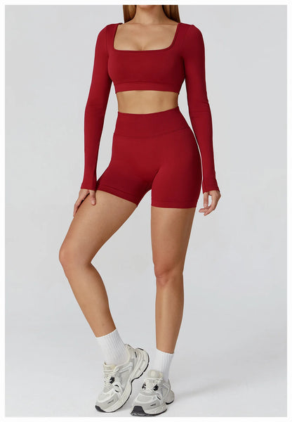Apex Ritual – Seamless Quick-Dry Sportswear – Women's Square Neck Gym Crop Top & Long Sleeve
