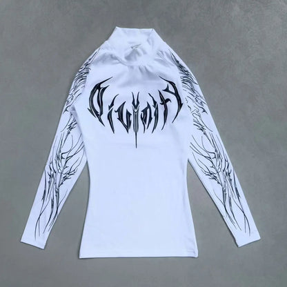 Apex Ritual – Women's Long Sleeve Off-Shoulder Letter Print Top – Tight Fit Casual Streetwear Tee