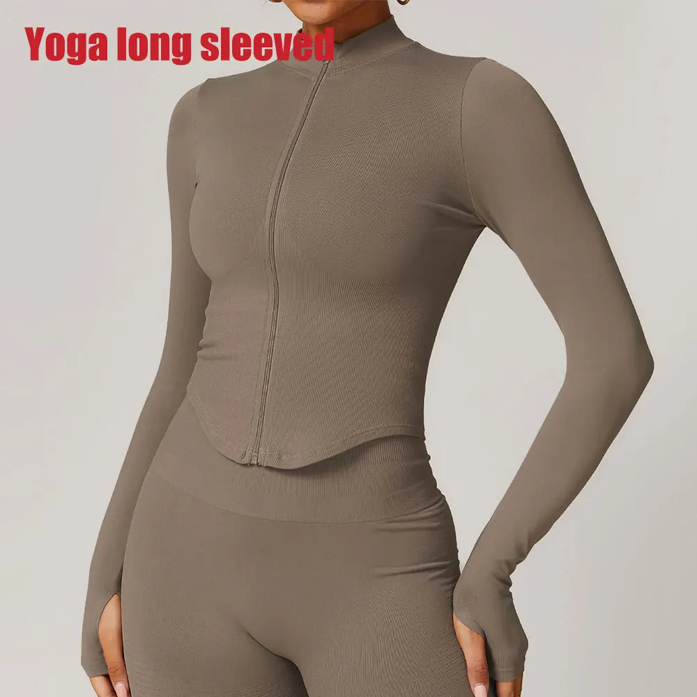 Apex Ritual – Ribbed Yoga Tops Women – Standing Collar Long Sleeve Fitness Top Gym Running Shirt
