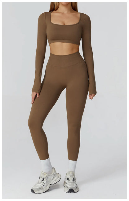 Apex Ritual – Seamless Quick-Dry Sportswear – Women's Square Neck Gym Crop Top & Long Sleeve