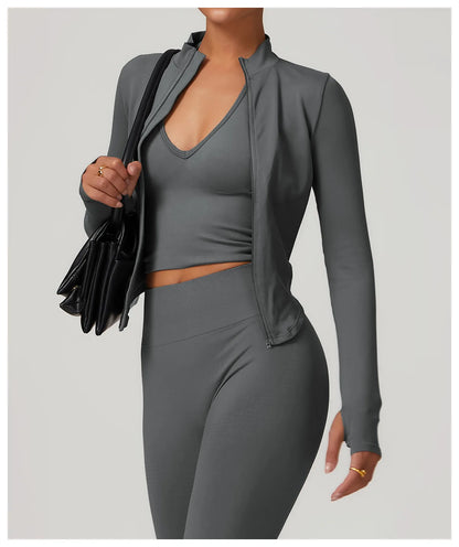 Apex Ritual – Ribbed Yoga Tops Women – Standing Collar Long Sleeve Fitness Top Gym Running Shirt