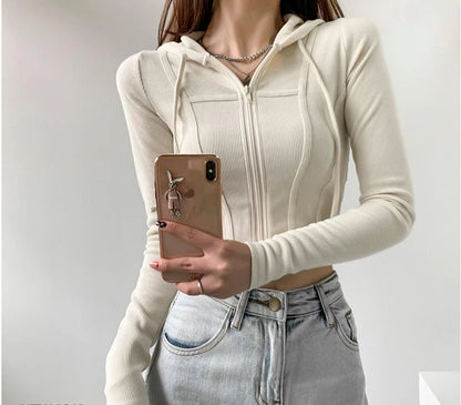 Apex Ritual – Thin Hooded Cardigan Women – Korean Vintage Slim Summer Striped Zipper Crop Top