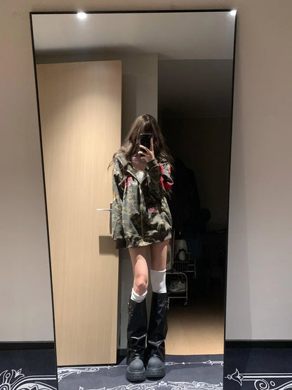 Apex Ritual – American Retro Camouflage Hoodie Jacket Women – Korean Style Oversize Cardigan