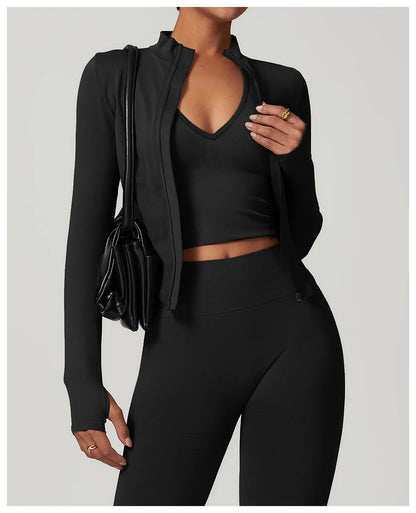 Apex Ritual – Ribbed Yoga Tops Women – Standing Collar Long Sleeve Fitness Top Gym Running Shirt