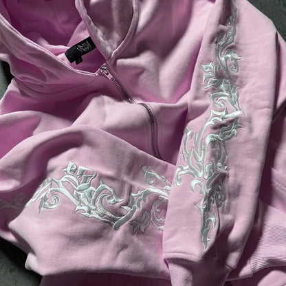 Apex Ritual – New Fashion High Street Pink Vine Pattern Embroidered Women Sports Hoodie – Gothic Style