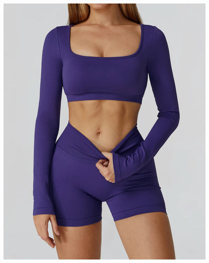 Apex Ritual – Seamless Quick-Dry Sportswear – Women's Square Neck Gym Crop Top & Long Sleeve