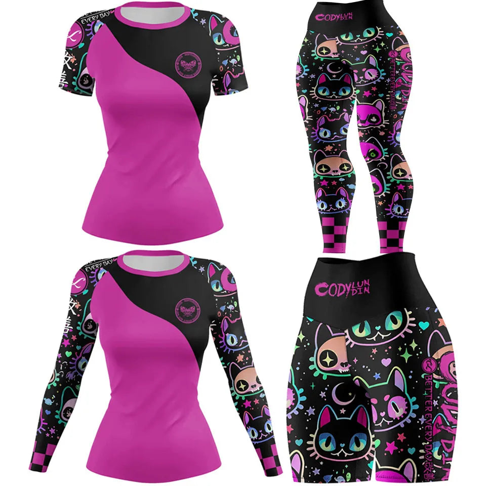 Apex Ritual – Women's MMA Rash Guard Set (4pcs) – Jiu-Jitsu Compression Sportswear with Shorts & Pants