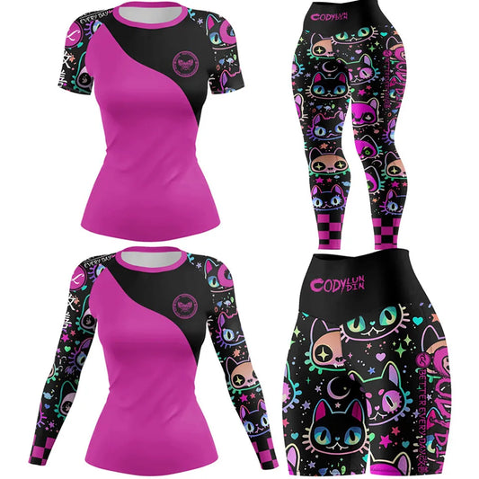 Apex Ritual – Women's MMA Rash Guard Set (4pcs) – Jiu-Jitsu Compression Sportswear with Shorts & Pants