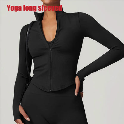 Apex Ritual – Ribbed Yoga Tops Women – Standing Collar Long Sleeve Fitness Top Gym Running Shirt