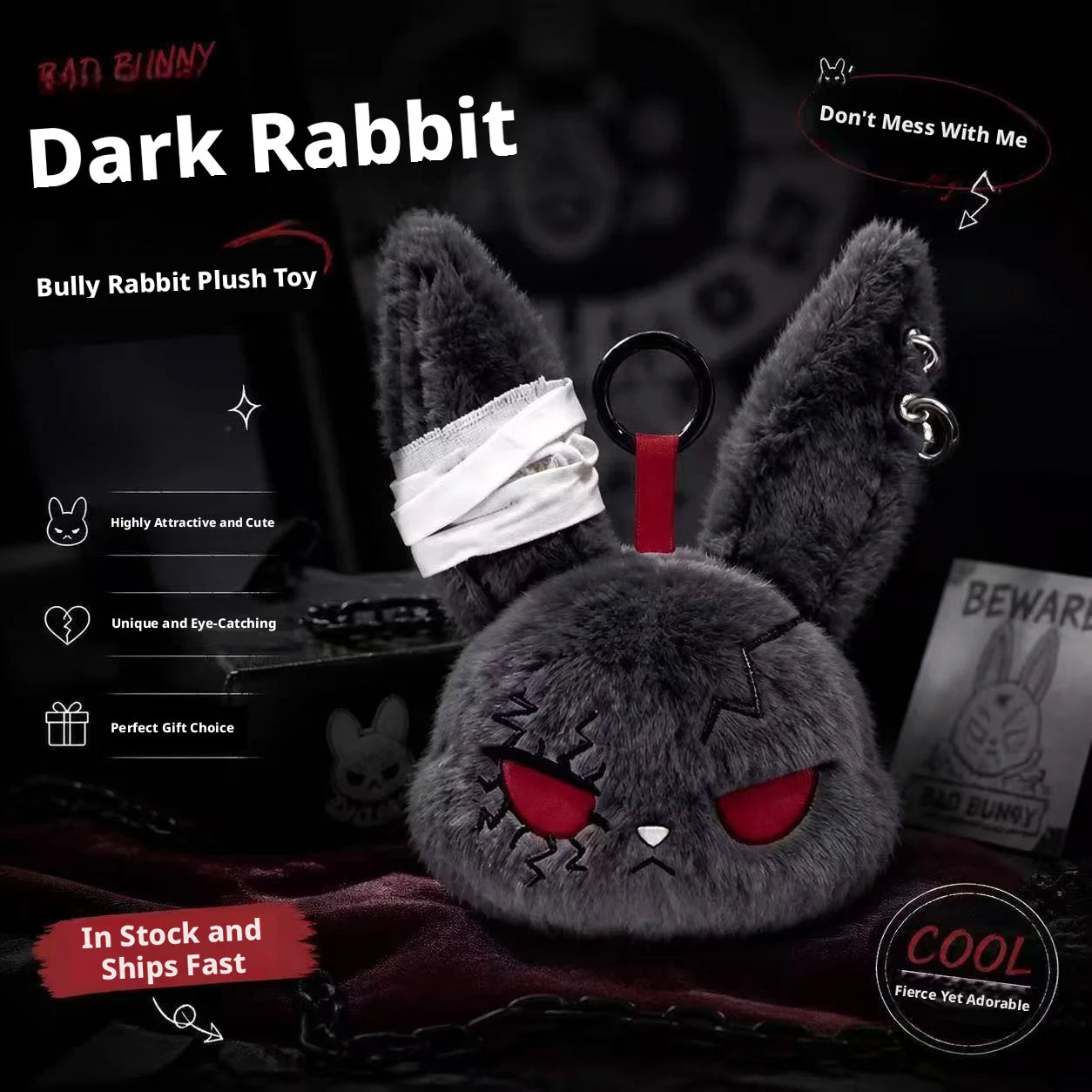 Apex Ritual – Hot Gothic Bunny Plush Keychain – Kawaii Rabbit Bag Charm Key Ring Pendant