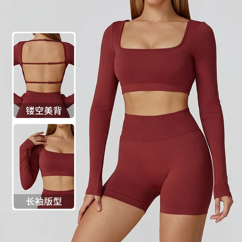 Apex Ritual – Seamless Quick-Dry Sportswear – Women's Square Neck Gym Crop Top & Long Sleeve