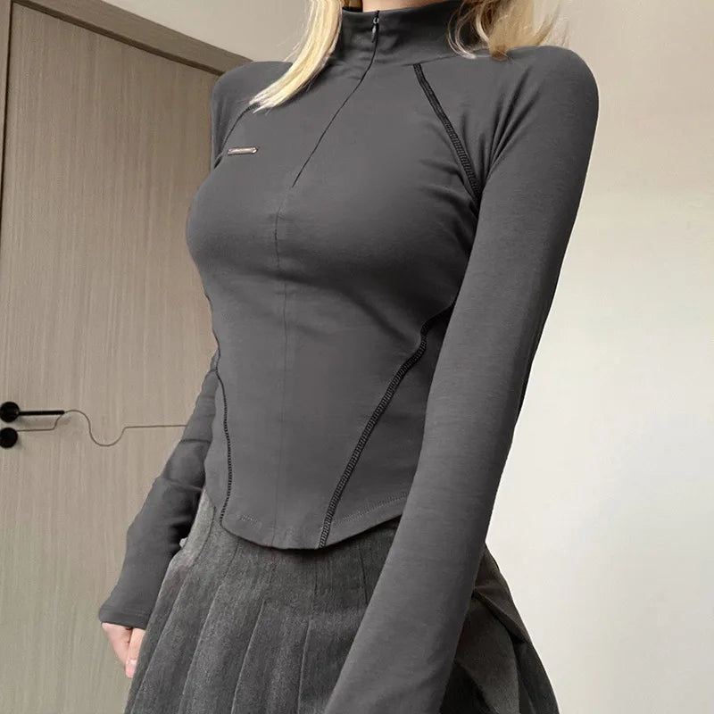 Apex Ritual Women's Y2K Crop Top – Zip Turtleneck Long-Sleeve Streetwear