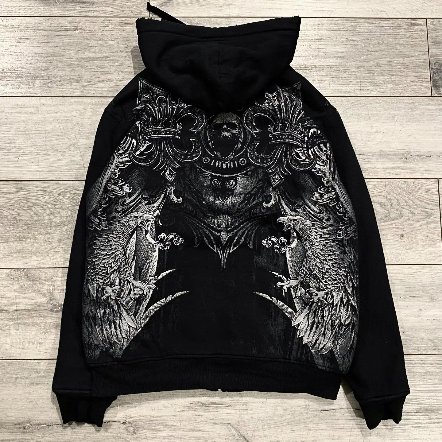 Apex Ritual – Vintage Y2K Skull Print Zip-Up Hoodie – Oversized Hip Hop Pullover Unisex