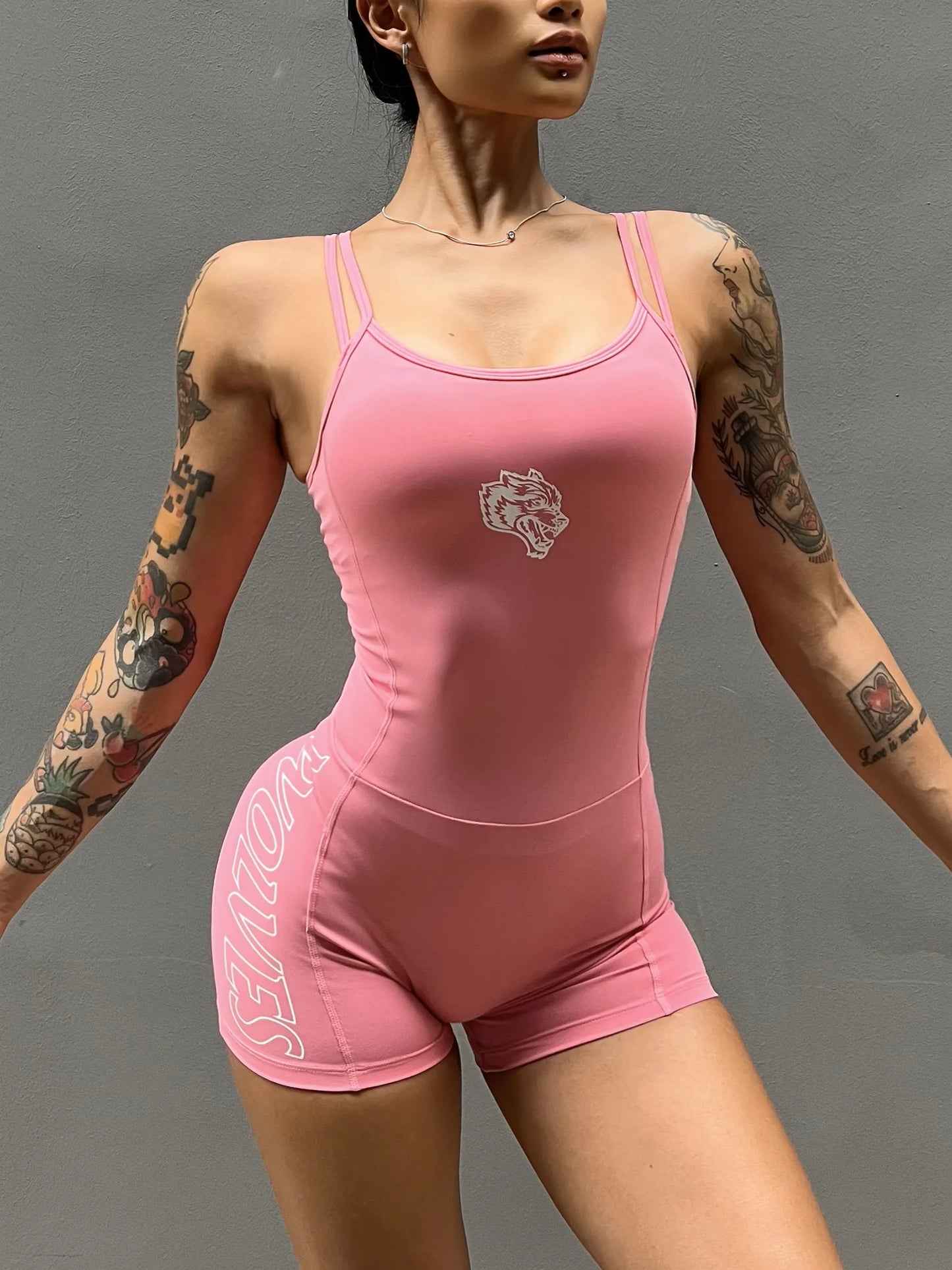 Apex Ritual – Women's Wolf Print Sports Onesie – Seamless Nylon High-Waist Training Bodysuit